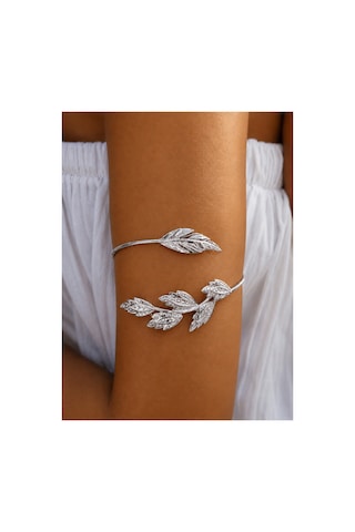 Dryas Gri Yaprak Figürlü Gümüş Renkli Kol Takısı Üst Kol Bileziği Bohem Spiral Kolluk Silver Pazu Takısı Kırmızı