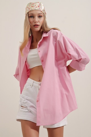 Bigdart 3900 Oversize Uzun Basic Gömlek - Pembe 001