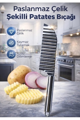 Bastırılarak Kesen Şekilli Patates Dilimleyici Bıçak 1 Adet Pratik Kolay Kullanım Sebze Kesme Krom