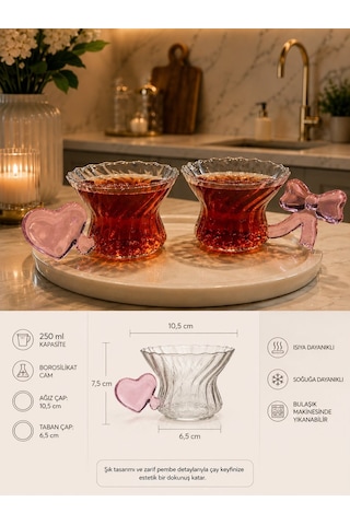 Morponi 2'li Pembe Kalp Ve Fiyonk Kulplu Borosilikat Cam Kupa Seti 250 Ml Şeffaf