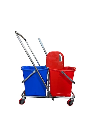 Mck Plus Çift Kovalı Krom Temizlik Arabası Paspas Arabası + Islak Mop Seti