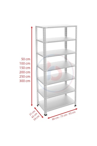 Raf Burada  7 Katlı Galvaniz Çelik Raf - Depo, Arşiv, Kiler, Dosya, Market Rafı-31x93 cm-250 cm-1.50 mm