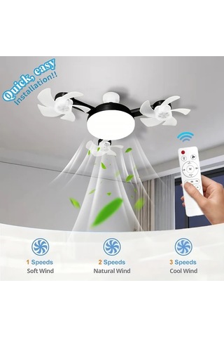 Boatshop1 Led Akıllı Uzaktan Kumandalı Üç Siyah Fan E27 E26 Soketli Ayarlanabilir Parlaklık 3 Hız Seçeneği Yatak Oturma Çalışma Odası