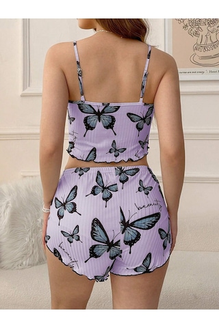 Melonika Mor Renk Kelebek Desenli Şortlu Ev Giyim Takımı,kadın Yazlık Askılı Pijama, Rahat Ve Şık Ev Giyim Çok Renkli