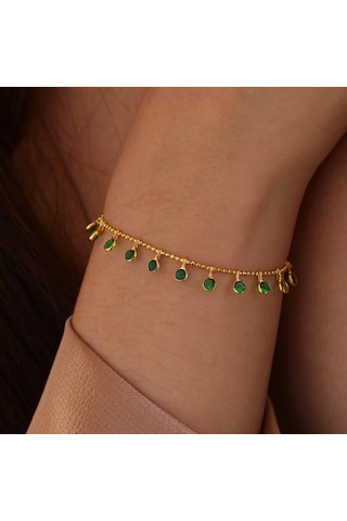 Queen Silver Jewelry 925 Ayar Gümüş Yeşil Renk Geçişli Top Zincirli Bileklik Altın