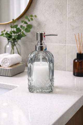 500 Ml Cam Sıvı Sabunluk Krom Başlıklı Şeffaf Cam Sabun Dispenseri, Banyo Mutfak Tezgah Üstü Açık Mavi