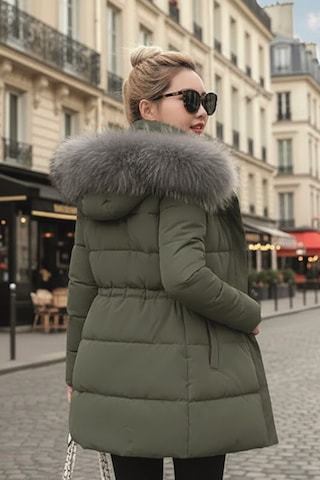 Kışlık Orta Boy Kapüşonlu Kadın Mont Haki