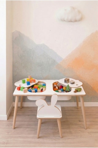 Montessori Çocuk Masası-oyun Masası-aktivite Masası-etkinlik Masası Takımı 1 Tavşan Sandalye Beyaz