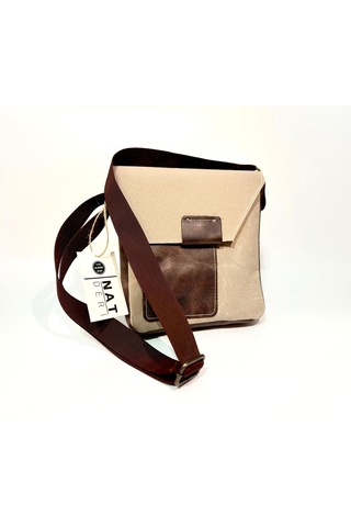 Natderi Hakiki Deri Ve Kanvas Omuz Çantası 20x21 Cm Ayarlanabilir Askılı, Ön Cepli Unisex Günlük Çanta Açık Bej - Acı Kahve