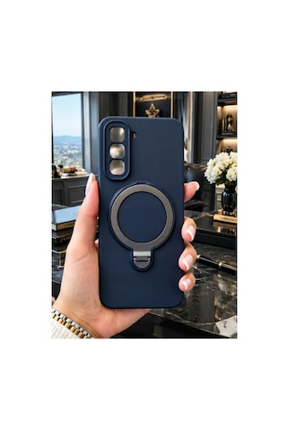 İnfinix Hot 50 Pro Plus 4g İle Uyumlu 360 Derece Dönebilen Kalın Metal Magsafe Halka Stantlı İçi Kadife Korumalı Ultra Lüx Premium Silikon Kılıf Lacivert