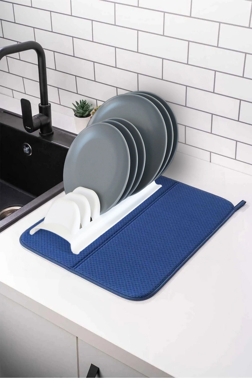 İronika Mikrofiber Bulaşık Kurutma Matı Ve 8 Bölmeli Tabaklık Bulaşıklık Set Beyaz - Mavi