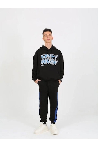 Erkek Çocuk Yazı Detaylı 2 İplik Kapüşonlu Sweatshirt-15229 Siyah