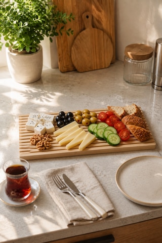 Bambu Sunumluk 39x17 Cm Kahvaltı Peynir Zeytin Servis Tahtası Oluklu Ahşap Sunum Tabağı Açık Kahverengi