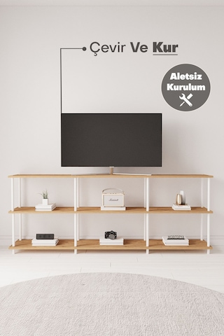 Çevir Kur 200 Cm Atlantik Çam B.d Raflı Tv Sehpası, Tv Ünitesi 200 71 29 Cm Atlantik Çam