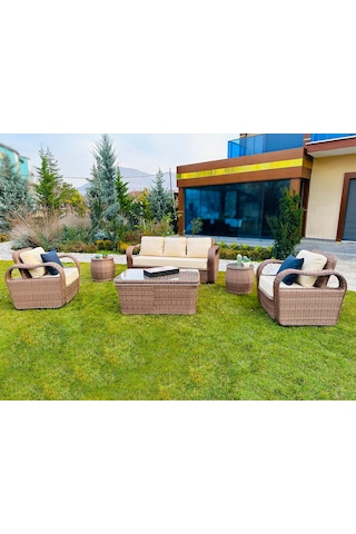 Monalin Home Garden 5 Kişilik Lord Lüks Rattan Örgü Bahçe & Balkon & Teras Oturma Grub Minderli & Camlı & Masalı Ekstra Lüks Takım Krem