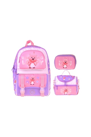 Kaukko Kids Loopy Lila - Pembe Renk Kız Çocuk Üçlü İlkokul Okul Çantası Seti/takımı - Setkk-l5303d Çok Renkli
