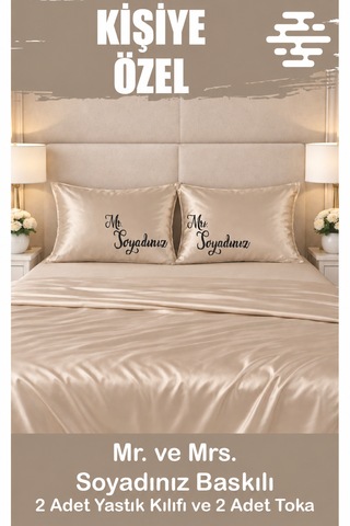 Kişiye Özel Baskılı Saten Yastık Kılıfı 2 Adet 50x70cm 2 Adet Hediye Saten Tokalı Bej