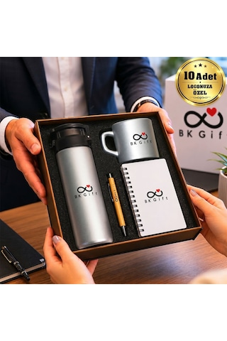 Logonuza Özel 10 Adet Ahşap Kutulu Gümüş Kurumsal Hediye Seti Cam Suluk, Seramik Fincan, Defter Ve Kalemli Promosyon Seti