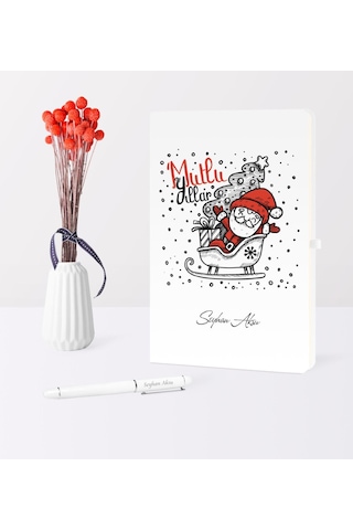 Kişiye Özel Yılbaşı Noel Baba Temalı Beyaz Defter Kalem Seti - 5