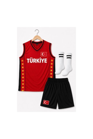 Sonvadi Çocuk Basketbol Forması Türkiye Armalı Kırmızı-siyah 3 Parça Çorap Kırmızı