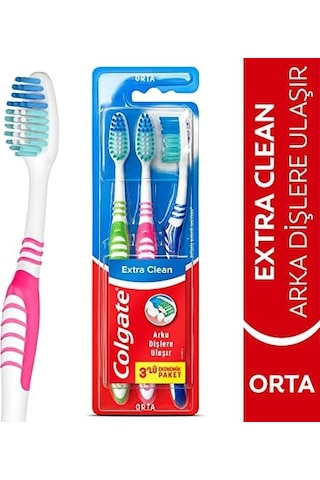 Extra Clean Dil Temizleyicili Arka Dişlere Uzanan Orta Diş Fırçası 3&apos Lü Ekonomik Paket Açık Ahşap