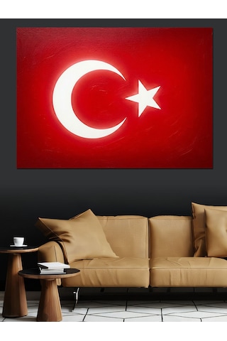 Parlak Ay Yıldız Detaylı Türk Bayrağı Dekoratif Kanvas - Mdf Ahşap Tablo