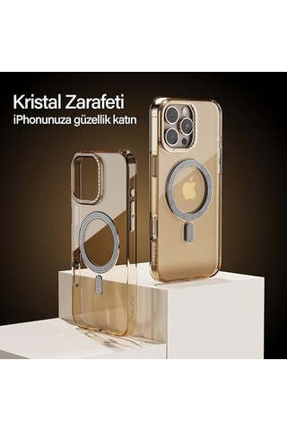 Pro Max İle Uyumlu Şeffaf Taşlı Mag-safe Kılıf Sert Mika Sararmaz Kılıf N52 Güçlü Mıknatıs Bağımsız Tuşl Diğer