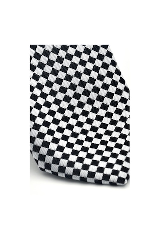 Gaffy Siyah Piti Kare Desenli Beyaz Dokuma Kumaş Mendilli Slim Fit Kravat // Sdk-2503-4 Beyaz