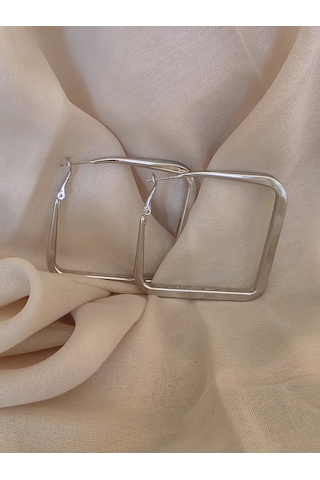 Kare Model Halka Silver Renk Çelik Küpe 5,5cm Gümüş