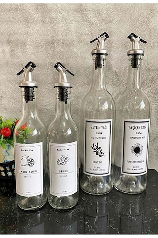 Şeffaf Cam Etiketli Akıtıcılı 750 Ml Yağlık 375 Ml Sosluk Yağdanlık Set Çok Renkli