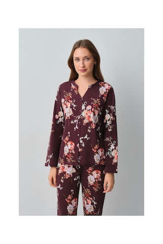 Suwen Mimoza Pamuklu Gömlek Yaka Pijama Takımı Wsh10510154662 Bordo Desenli