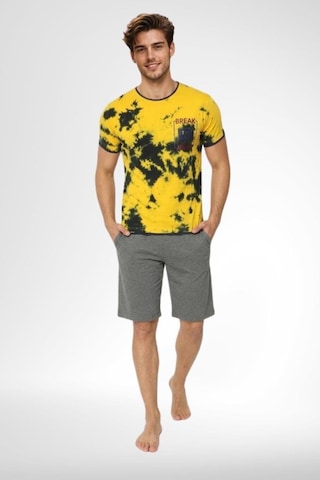 Mecit Pijama Mecit 4001 Erkek Pamuklu Sarı Batik Desenli Şortlu Pijama Takımı