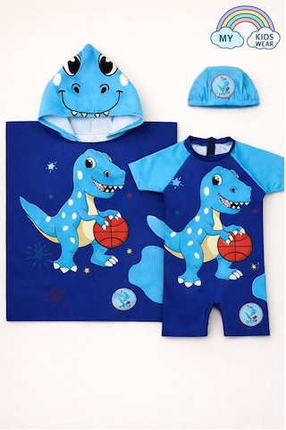 My Kids Wear Erkek Çocuk Deniz Kombini 3 Lü Set Mayo, Havlu Ve Bone 12575 Mavi