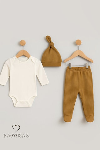 Babyden's 3'lü Bebek Zıbın Takımı Uzun Kollu Body, Patikli Pantolon Ve Şapka %100 Pamuk Fitilli Ribana Kumaş Kahverengi