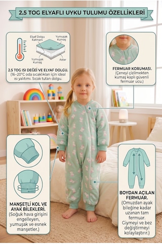 Babymod Tavşan Desenli 2,5 Tog Elyaf Dolgulu Premium Kalite 100% Pamuk Penye Astarlı Çocuk Uyku Tulumu Yeşil