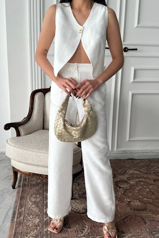 Defymoda Keten Tek Düğme Yelek-pantolon Takım - Beyaz Beyaz