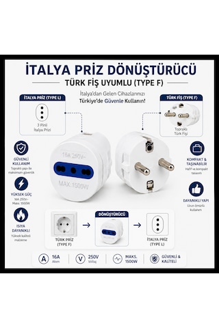 İtalya Dişi (Type L) Türk Erkek (Type F) Priz Dönüştürücü 16A 250V İtalya Uyumlu 3 Pin Adaptör -