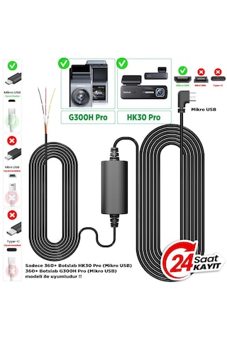 360+ Botslab G300H Pro/HK30 Pro Araç İçi Kamera 24 Saat Park Modu Kiti Akü Bağlantı Kablosu (Micro Usb)