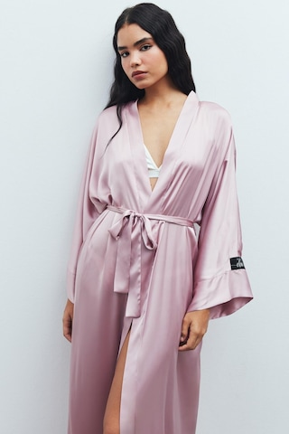 Frappant Gül Kurusu Uzun Saten Sabahlık / Kimono Pembe