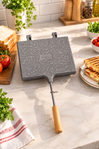 Porsima Çift Taraflı Granit Tost Tavası 17x23 Cm Granit Kaplama Ahşap Saplı Ocak Üstü Tost Makinesi
