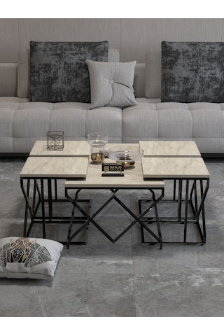 Orta Sehpa Ve Zigon Sehpa V Lüx 5'li Set Traverten Bej