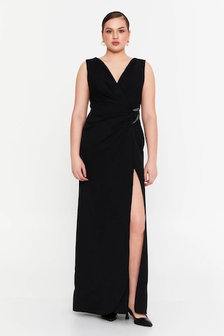 Doridorca Kadın Krep Kumaş Drapeli V Yaka Maxi Abiye Elbise 7057 Siyah Siyah