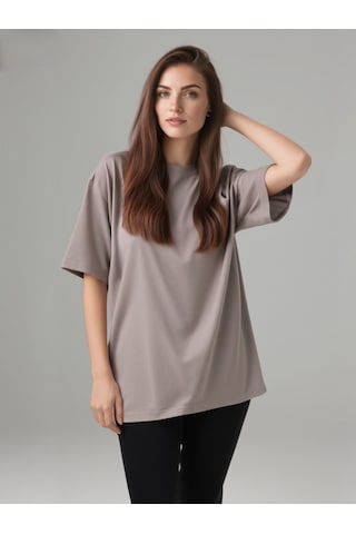 Enva Store Kadın Oversize Fit Yuvarlak Yaka Modal Basic T-shirt Tişört Bej