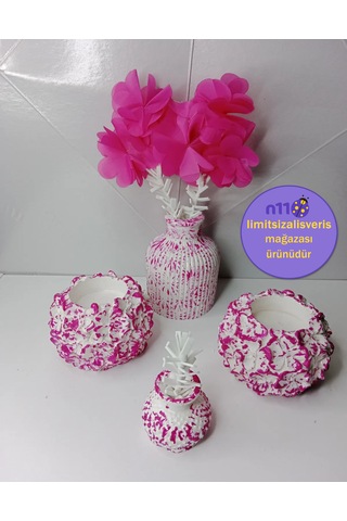 Dekoratif Fuşya Mumluk Çiçekli Vazo Süs Eşyası Biblo Takımı Fuşya