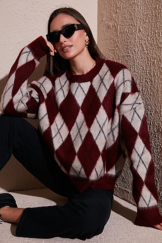 Lela Oversize Fit Bisiklet Yaka Baklava Desenli Yumuşak Dokulu Bayan Kazak 4616223 Bordo