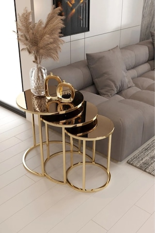 Faymend 3'lü Gold Zigon Sehpa Bronz Aynali Bronz Aynali