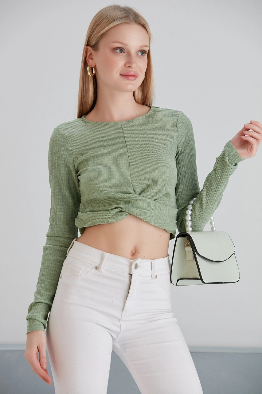 Mamayaga Kadın Önü Düğüm Model Uzun Kol Spor Şık Curve Mint Yeşil Coptop Bluz Mint Yeşil