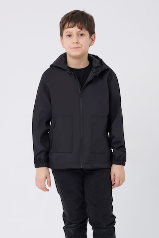 Erkek Çocuk Siyah İçi Astarlı Su Ve Rüzgar Geçirmez Kapüşonlu Çift Fermuarlı Cepli Mont Siyah