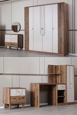 Megan Oda Takımı - 4 Kapaklı Dolap, Çalışma Masası, Şifonyer, Kitaplık, Komodin Çok Renkli