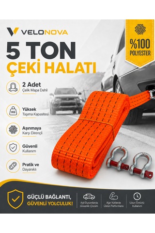 5 Ton Çekme Halatı 3 Metre 5 Cm 2 Adet Omega Kilitli Çelik Mapa Ce Belgeli %100 Polyester Araç Kurtarma Halatı Kırmızı